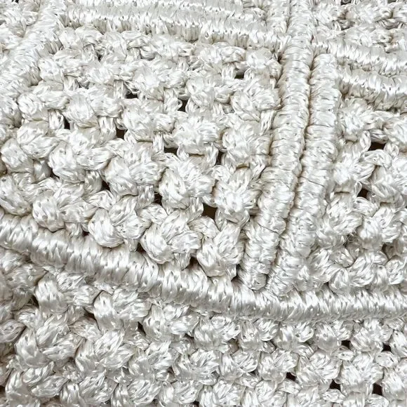 NEW Hand Woven Knit Macrame Large Bag Ivory Wood Handles Pockets Lined Magnetic - Picture 7 of 10